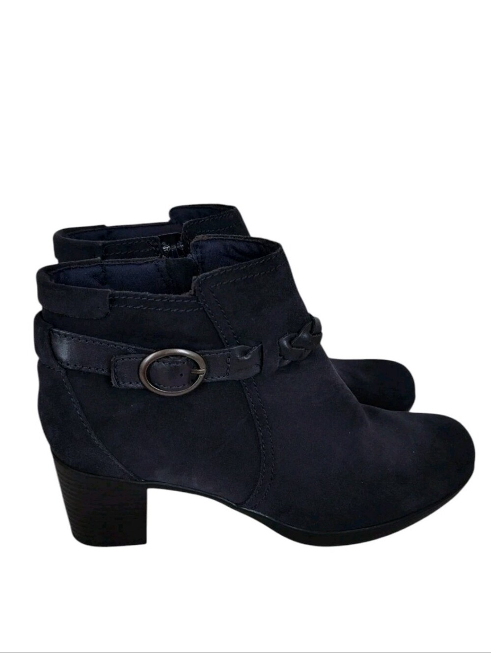 Clarks Navy Blue Leather Ankle Boots Size 10 Braided Strap Side Zip Block Heel